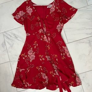 BB Dakota Womens Red Floral Laselle V-Neck Faux Wrap